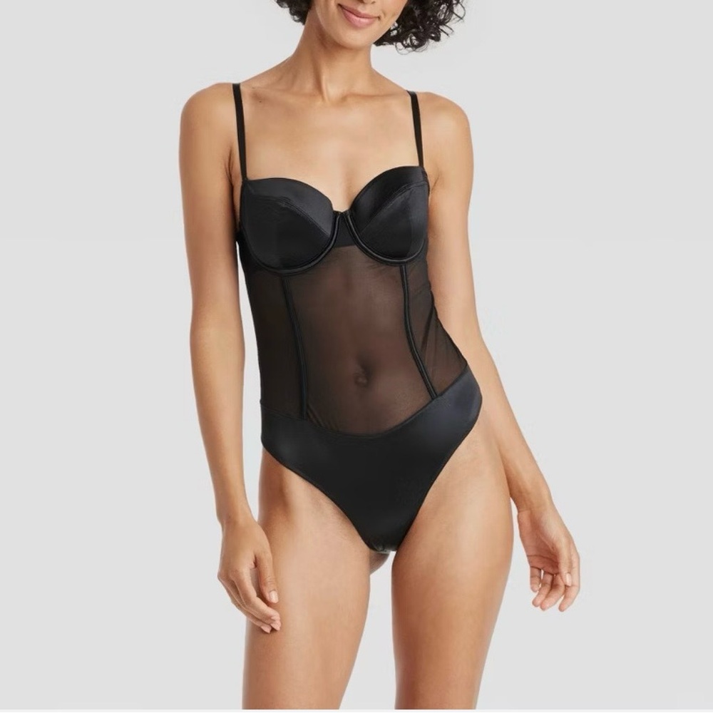 Women's Satin and Mesh Lingerie Bodysuit - Auden Size L – Black NWT